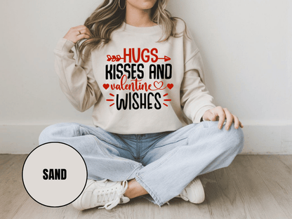 "Hug, Kisses and valentine Wishes" Valentine's Day Sweatshirt, (Gildan 18000) VD021