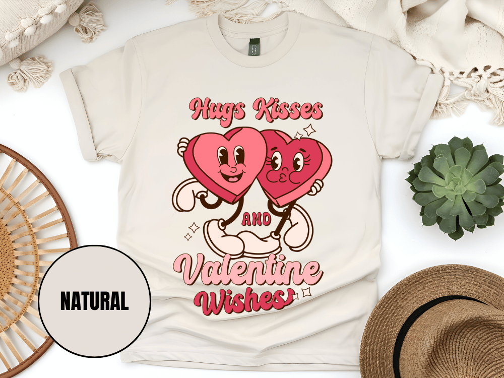 "Hugs Kisses and Valentine Wishes, Valentine's Day" T-Shirt, (Gildan 5000) VD044
