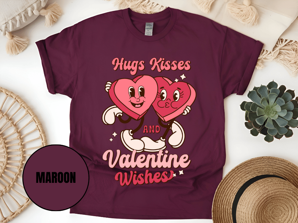 "Hugs Kisses and Valentine Wishes, Valentine's Day" T-Shirt, (Gildan 5000) VD044