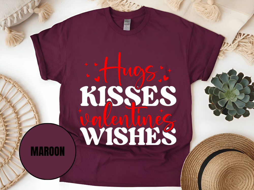"Hugs Kisses Valentine Wishes, Valentine's Day" T-Shirt, (Gildan 5000) VD060